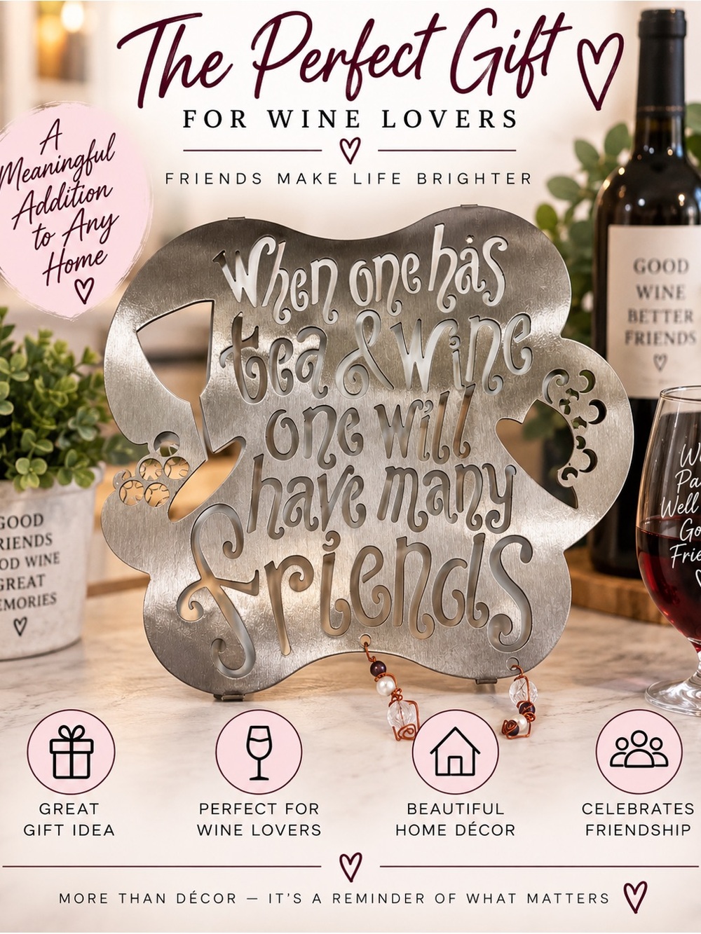 Metal Wine & Tea Friends Wall Decor - Silver - NWT